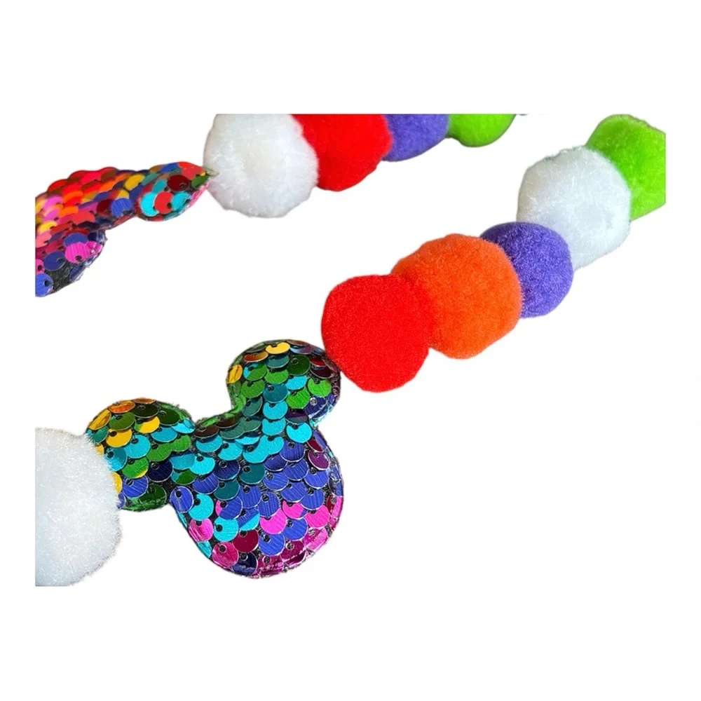 9 ft Disney Mickey Birthday Sequin Pom Pom Garland Handmade on Clear Line